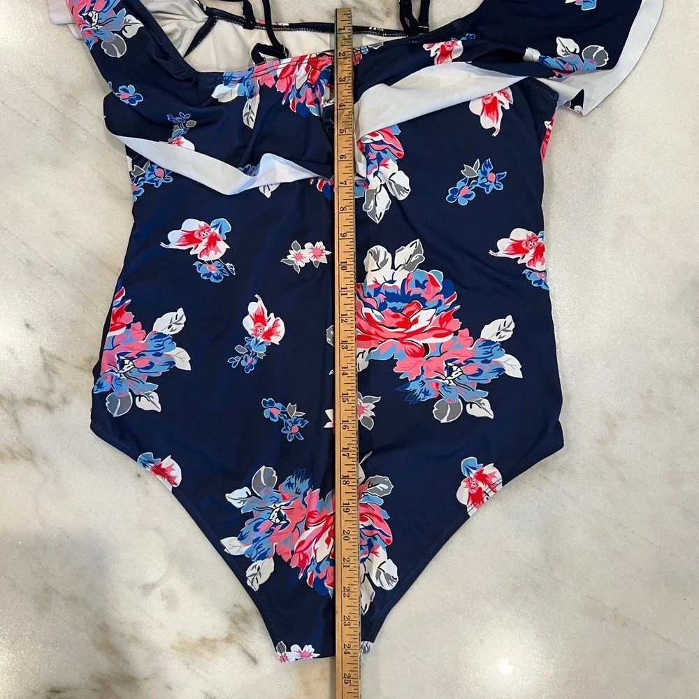 NWOT Floral Off-Shoulder Swimsuit XL One-Piece‎ Bathing Suit Navy